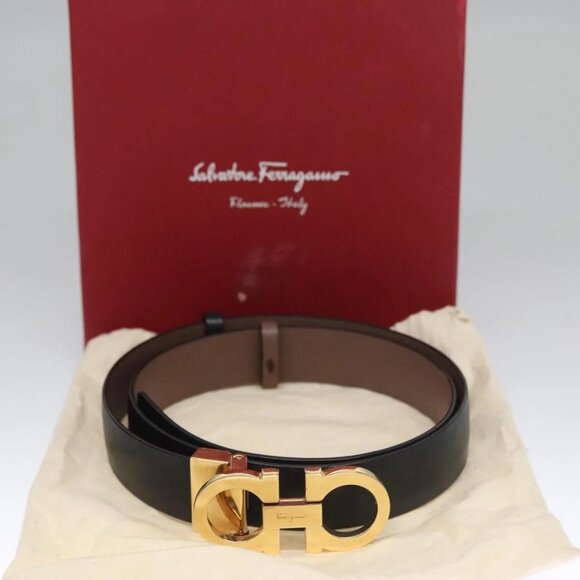 Salvatore Ferragamo Gancini Belt Leather 29.1""-31.5"" Black Auth am7781V - Picture 1 of 11